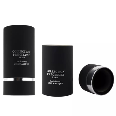 Embalagem de tubo de perfume redondo preto plano superior com inserção de EVA estampagem de prata embalagem de tubo de cosméticos